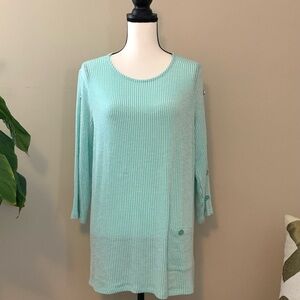 Multiples Women's Aqua Top w stripes and pocket size large EUC B62